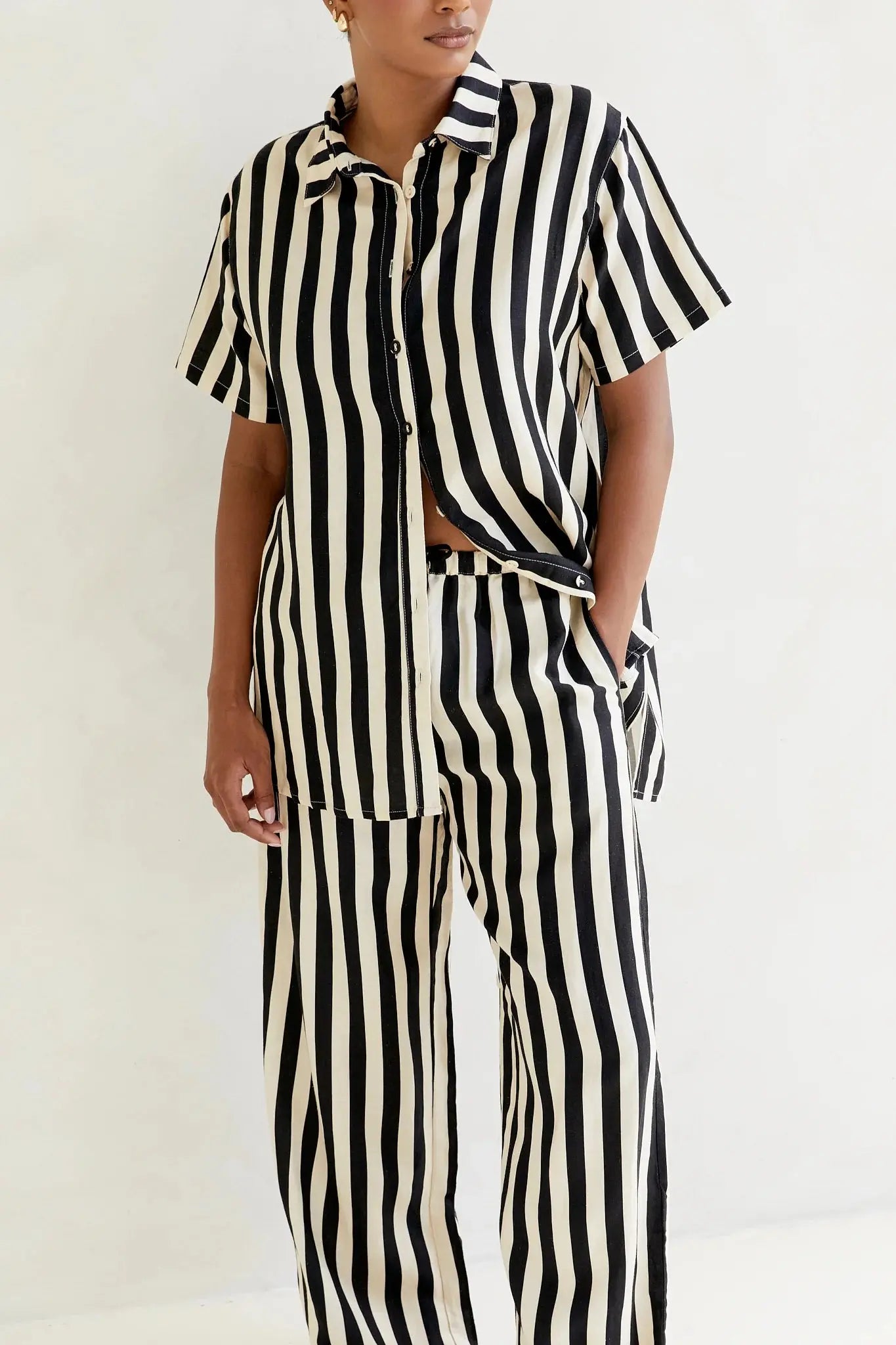 Essie Short Sleeve Stripe Linen Shirt Bisk the Label