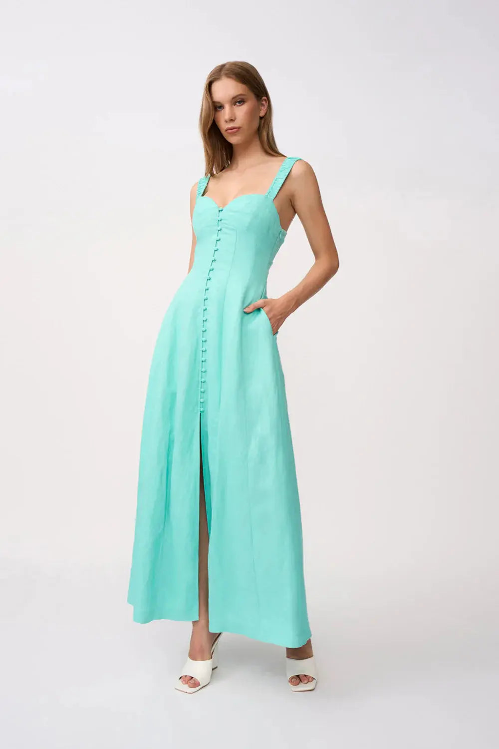 Giovanna Button Down Ankle Dress - Aqua By Johnny