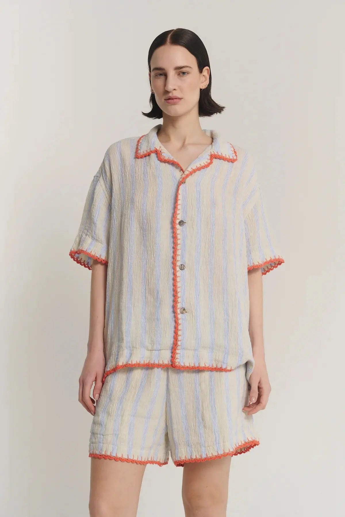 Hand Crochet Trimmed Stripe Linen Shirt The Tales