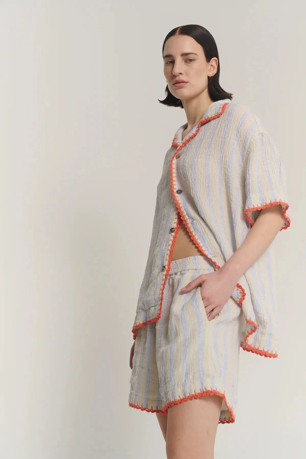 Hand Crochet Trimmed Stripe Linen Shorts The Tales