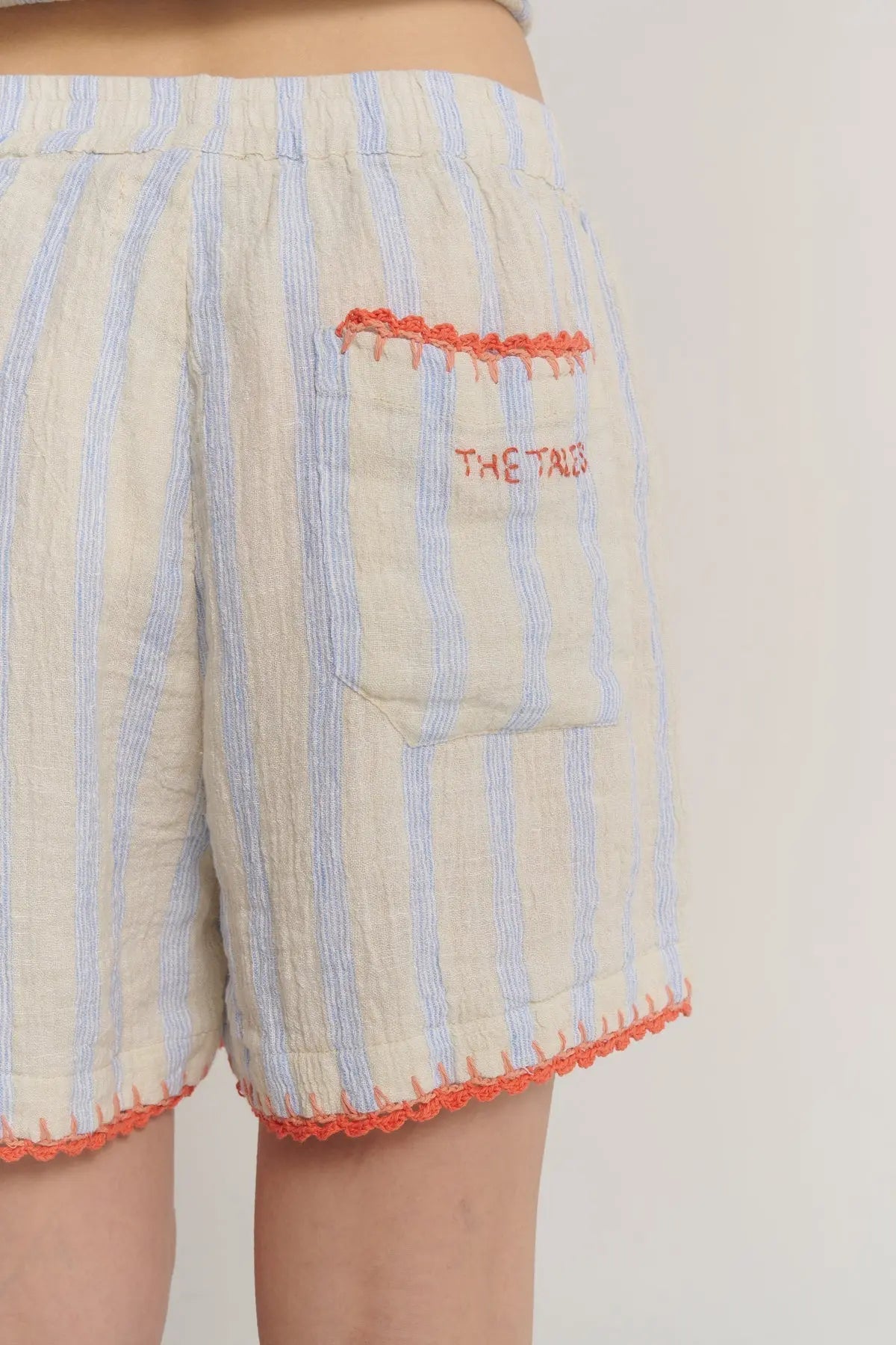 Hand Crochet Trimmed Stripe Linen Shorts The Tales
