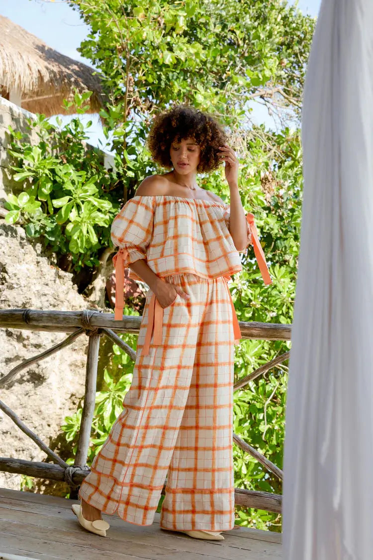 Le Soleil Linen Pant - Mandarine Gingham By Odet