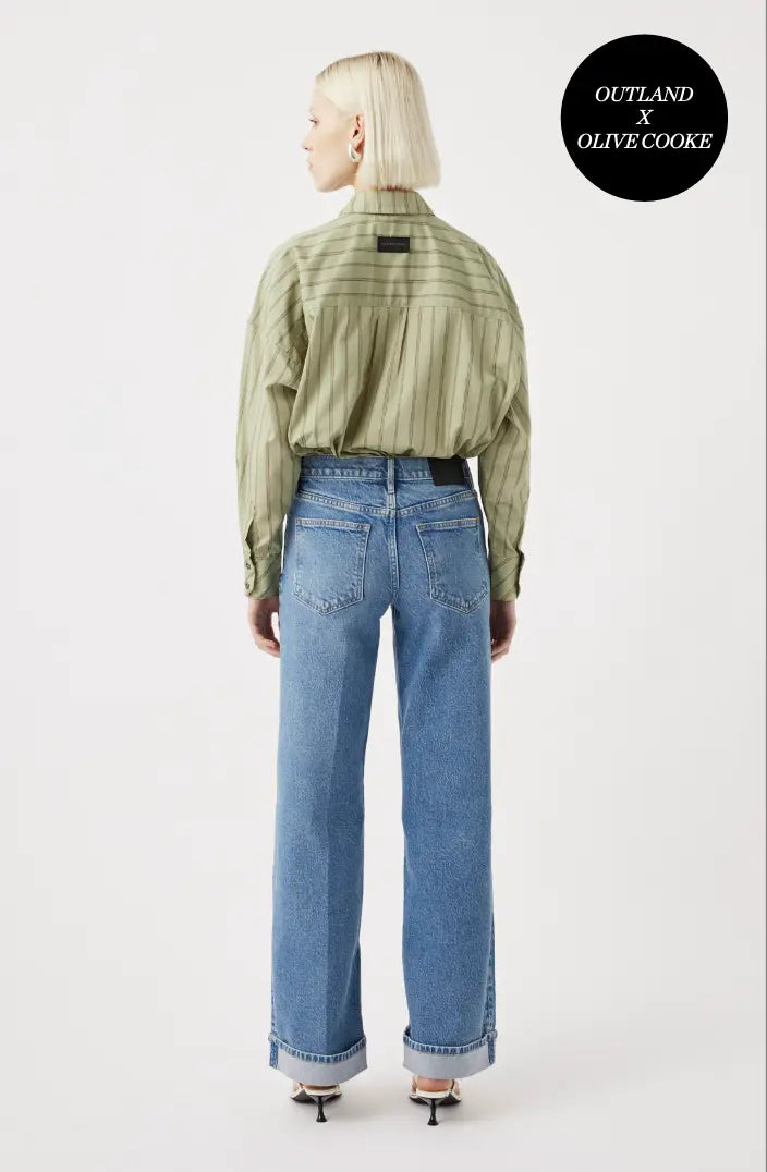 Mia Cuffed Mid Wide Long Jean - Meridian Mid Blue Outland Denim