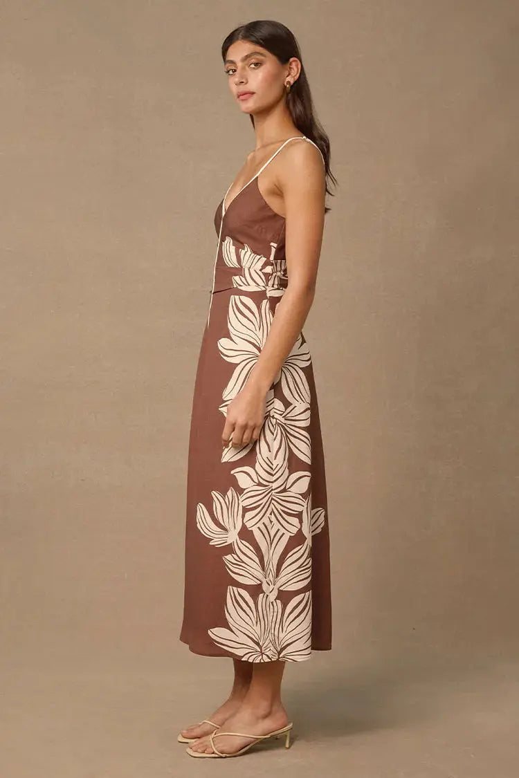 Palmera Midi Dress - Cocoa Palmera Base Floral Mon Renn