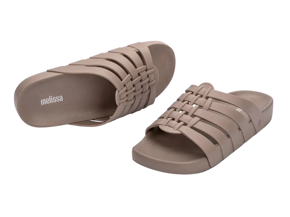 Melissa Possession Slide - Matte Beige pair view, flat and on its side