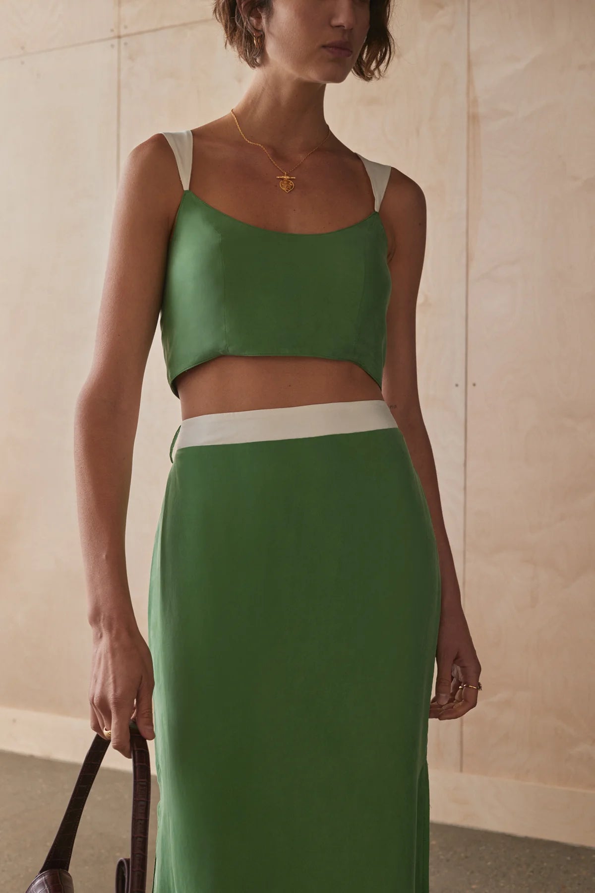 Sancia Matilda Top - Matcha at cloth in brick close up