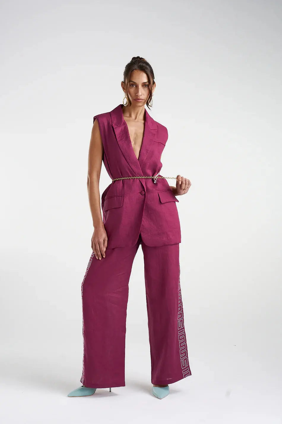 Sleeveless Blazer - Plum Summi Summi Full front view at cloth in brick