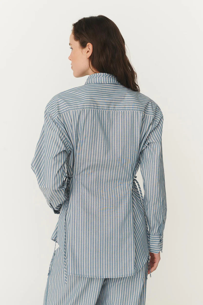 Frankie Tie Long Sleeve Shirt - Dusty Blue Stripe Rowie