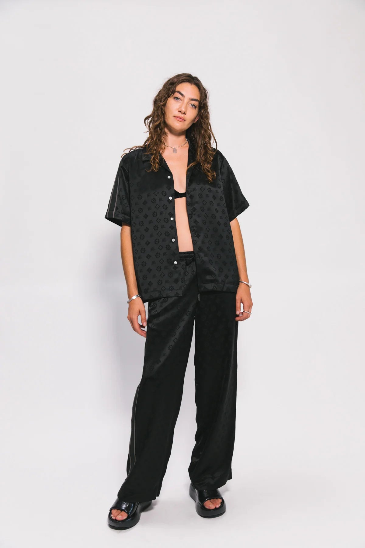 Satin Jacquard Resort Shirt - Black Something Very Special