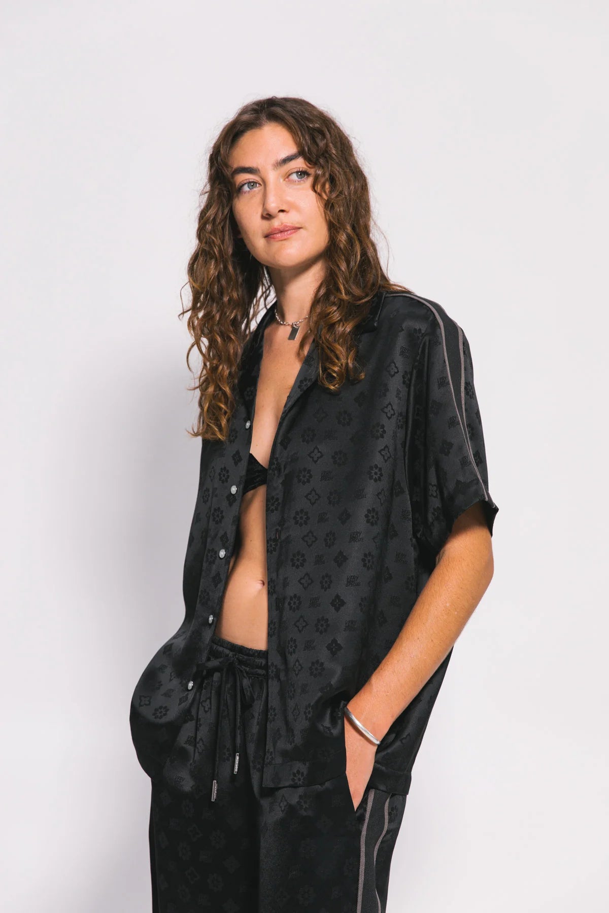 Satin Jacquard Resort Shirt - Black Something Very Special