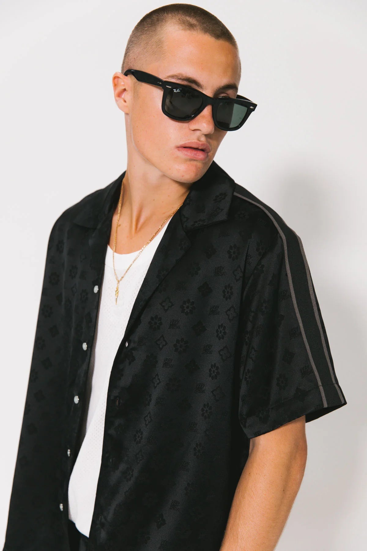 Satin Jacquard Resort Shirt - Black Something Very Special