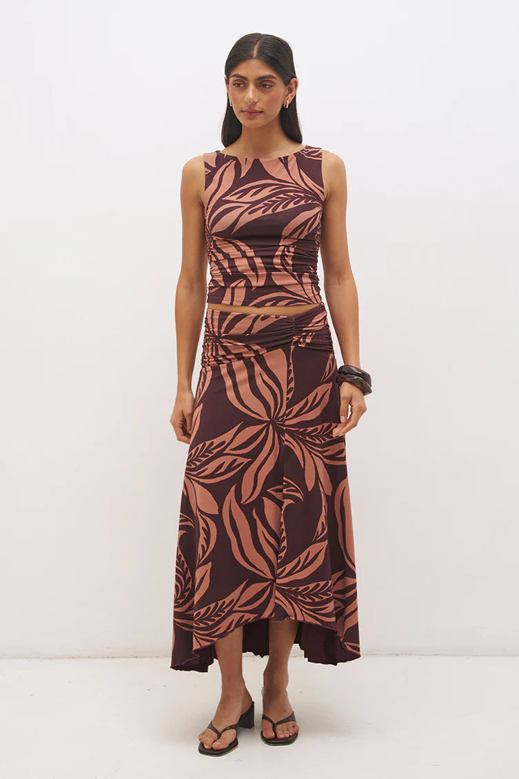 Farah Draped Skirt - Flowy Leaf Print Mon Renn