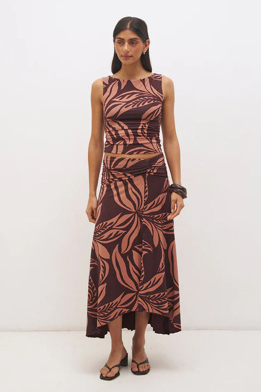 Farah Draped Skirt - Flowy Leaf Print Mon Renn
