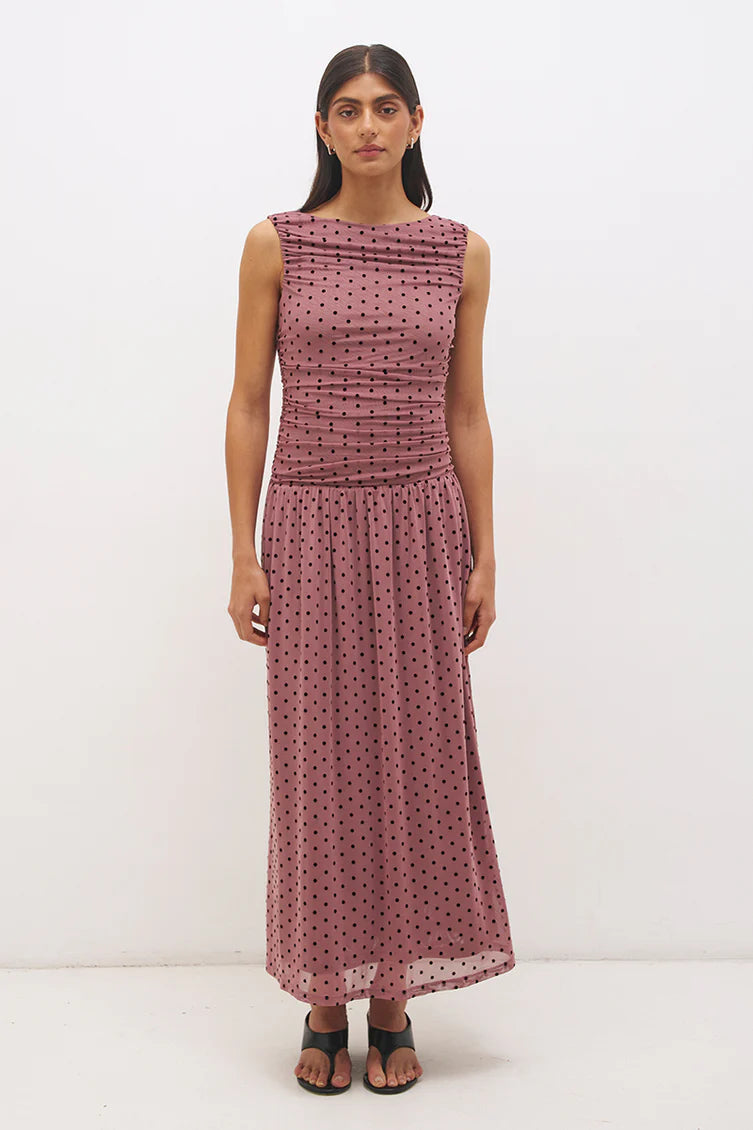 Sonta Spot Gathered Dress - Rosewood and Black Mon Renn