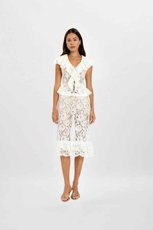 Frill Midi Skirt - White Lace With Harper Lu