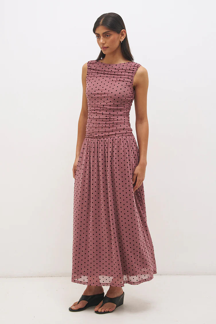 Sonta Spot Gathered Dress - Rosewood and Black Mon Renn