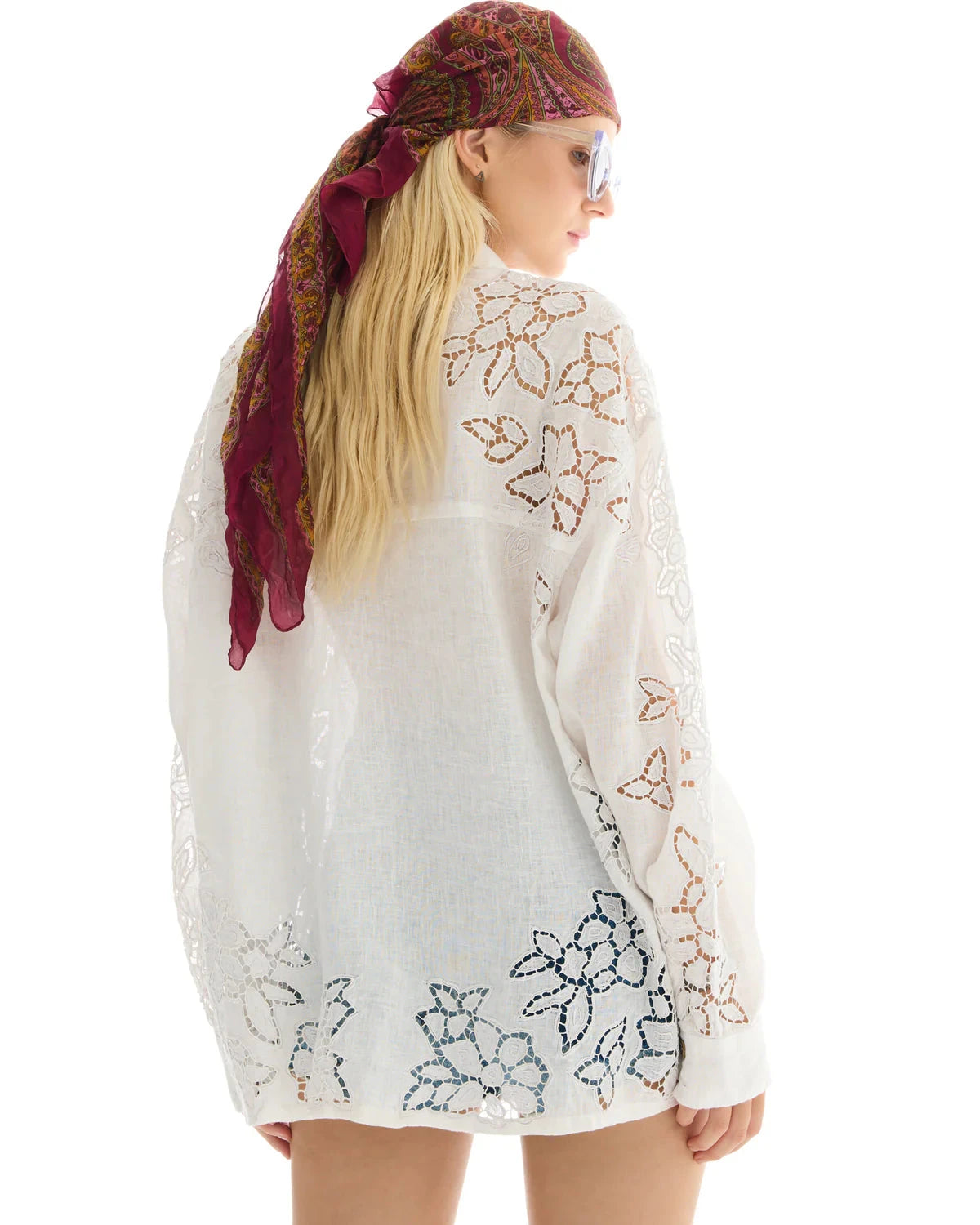 Hand Embroidered Cut Out Floral Linen Shirt - White The Tales