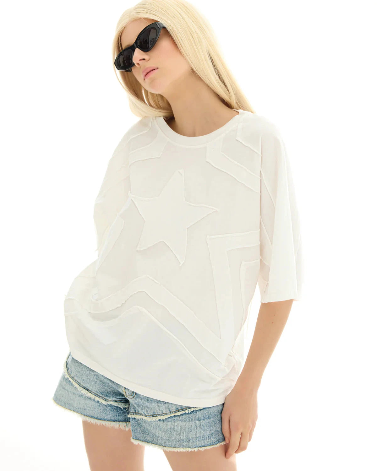 3D Panelled Star Batwing Tee - White The Tales