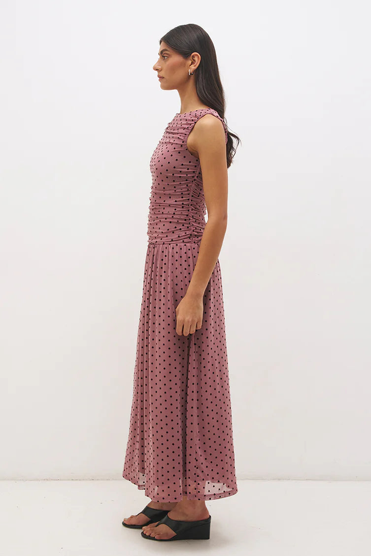 Sonta Spot Gathered Dress - Rosewood and Black Mon Renn