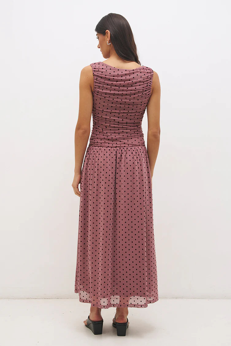 Sonta Spot Gathered Dress - Rosewood and Black Mon Renn