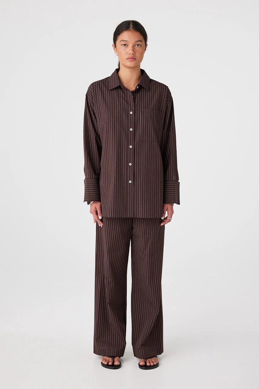 Rae Oversized Cotton Shirt - Espresso Stripe Arcaa
