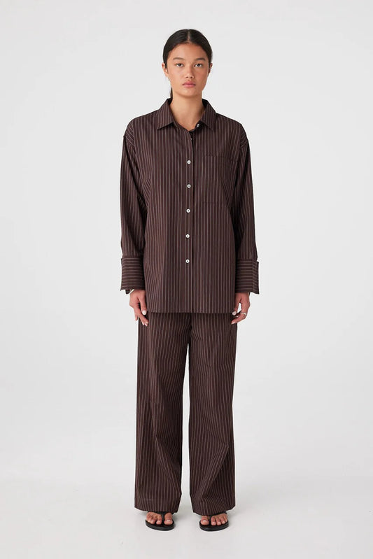 Rae Oversized Cotton Shirt - Espresso Stripe Arcaa