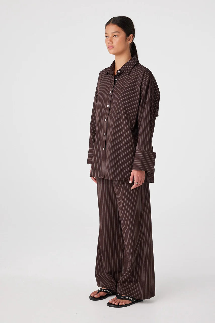 Rae Oversized Cotton Shirt - Espresso Stripe Arcaa