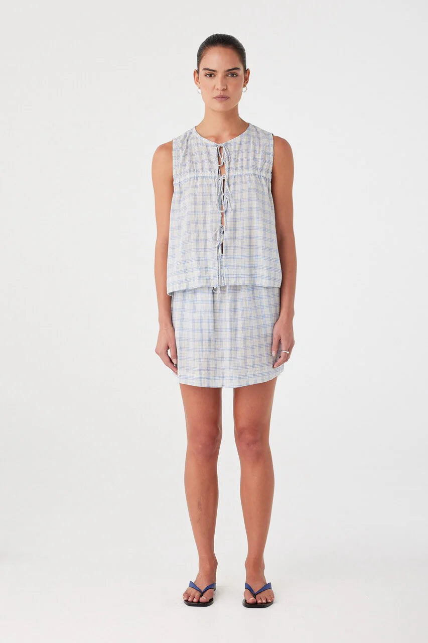 Camille Tie Top - Powder Blue Check Arcaa