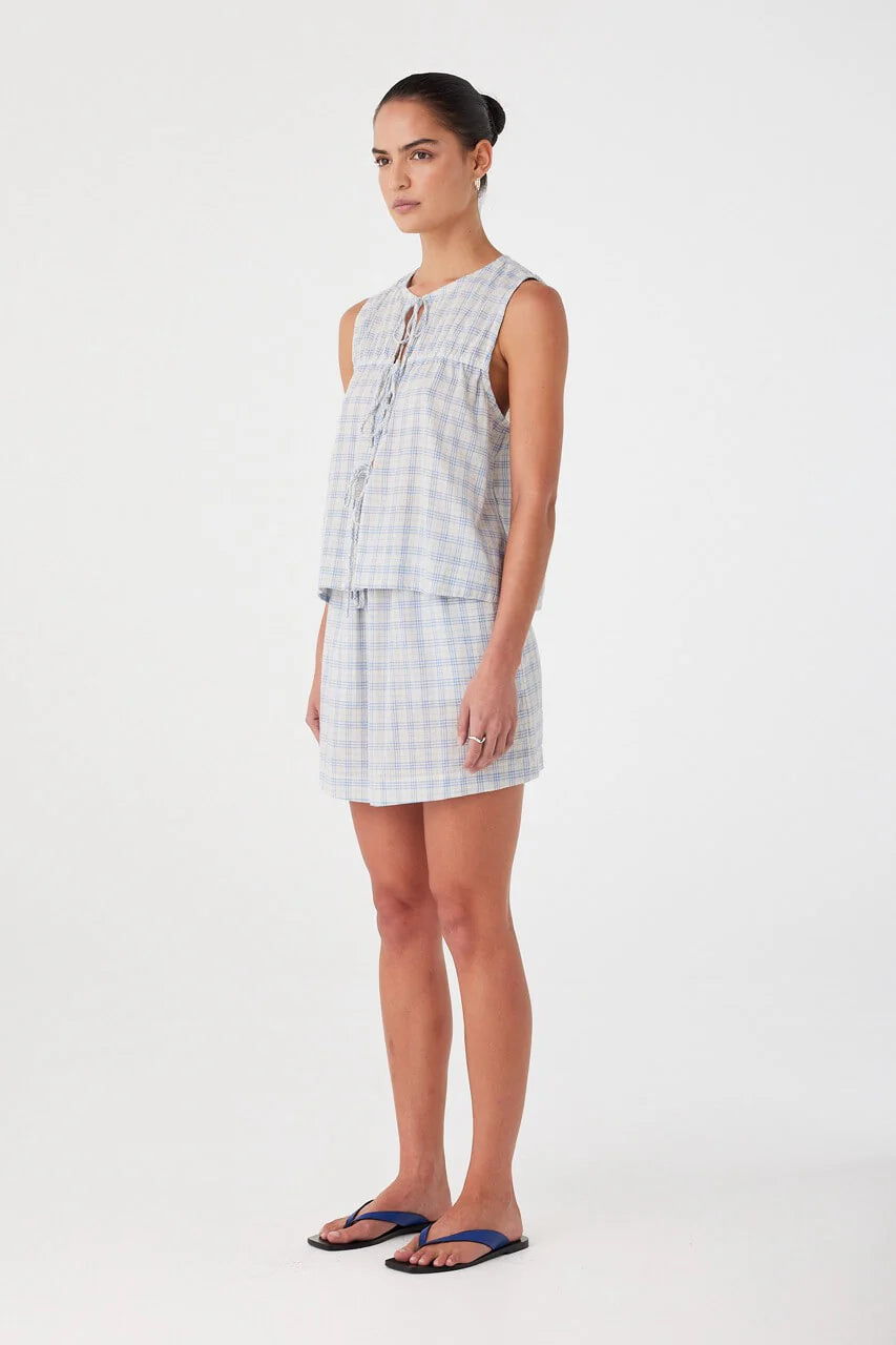 Camille Tie Top - Powder Blue Check Arcaa