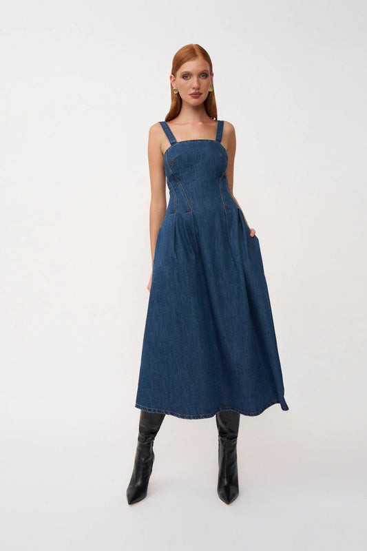 Astrid Denim Midi Dress - Dark Blue Denim By Johnny
