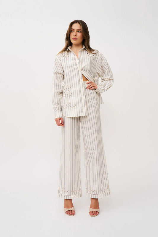 Atlas Broiderie Pant - Creme Blue By Johnny