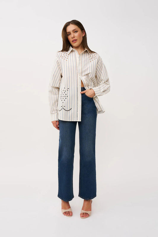 Atlas Broderie Shirt - Creme Blue By Johnny