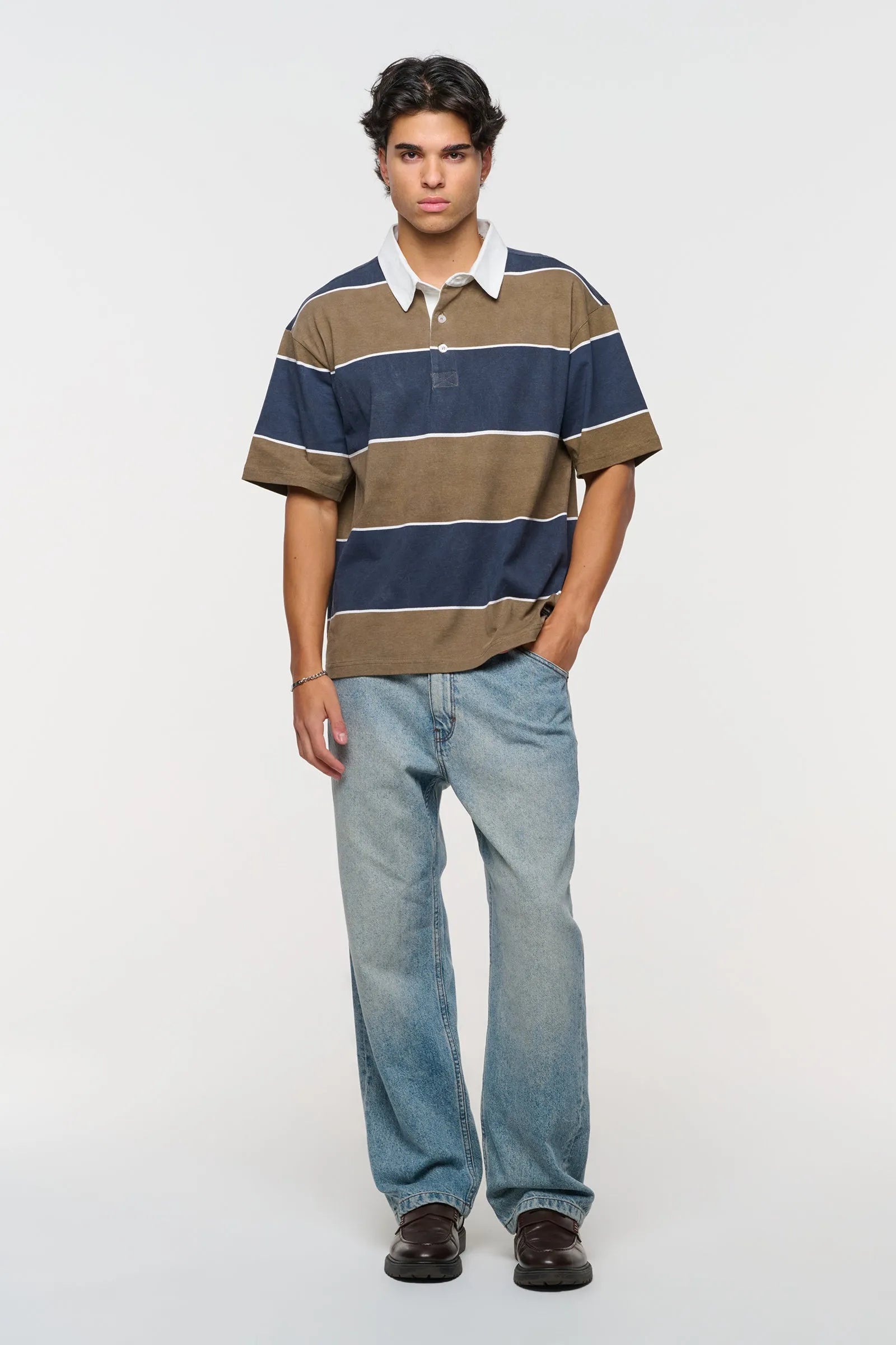 Dewey Stripe Rugby Polo - Navy Abrand