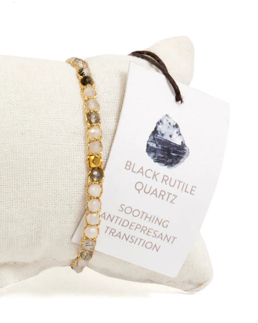 Black Rutilated Quartz Crystal Gemstone Bracelet - Gold Nusands