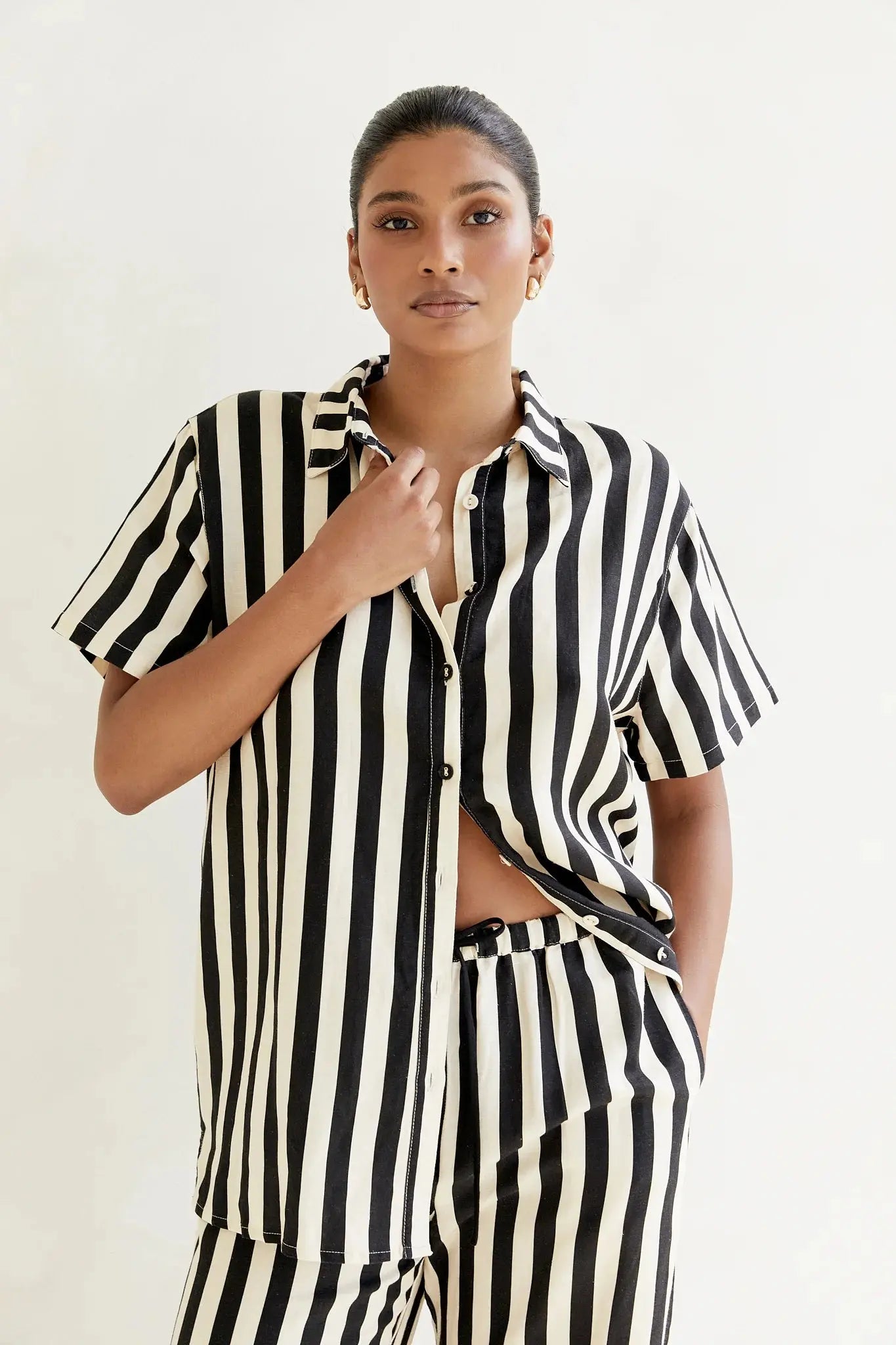 Essie Short Sleeve Stripe Linen Shirt Bisk the Label
