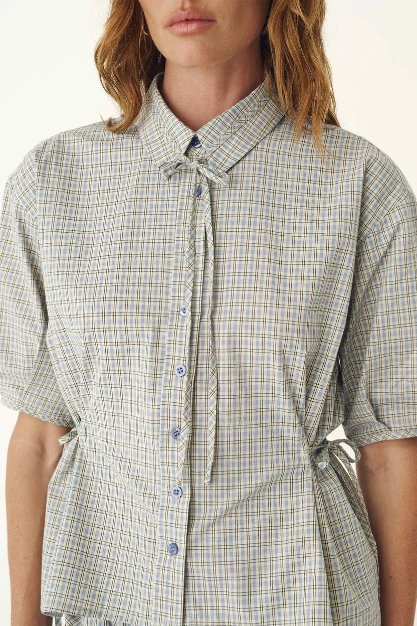 Frankie Tie Short Sleeve Shirt - Blue Check Rowie