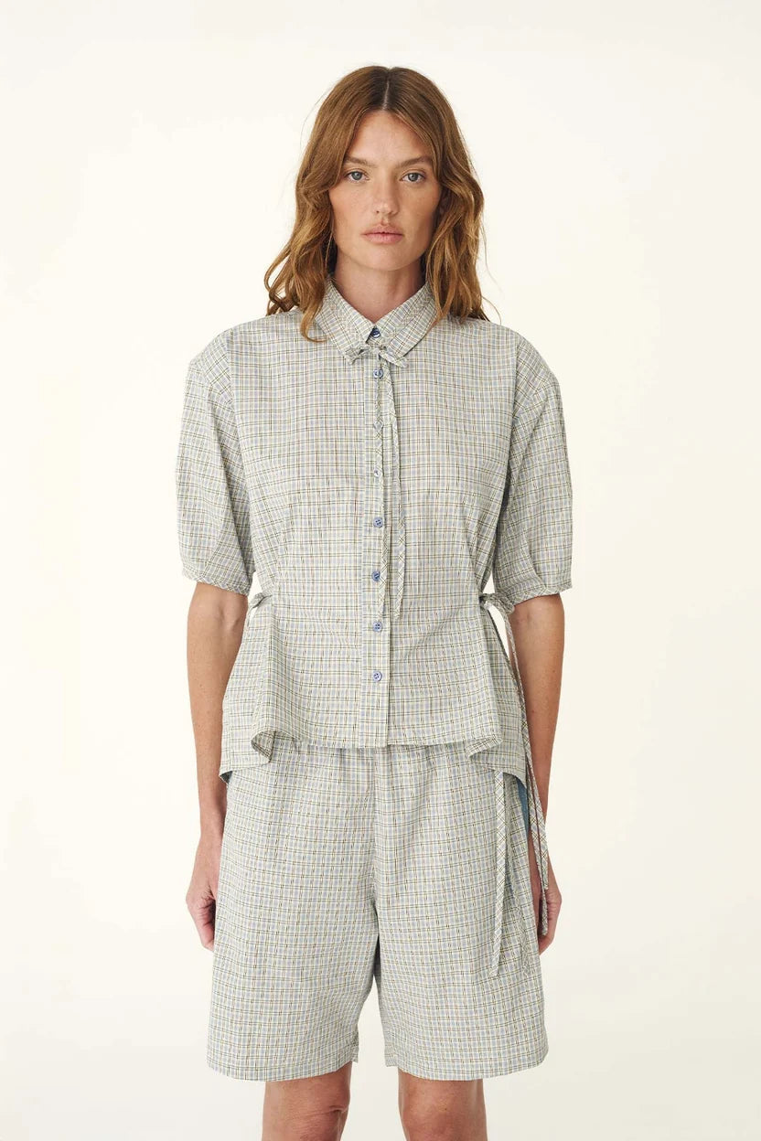 Frankie Tie Short Sleeve Shirt - Blue Check Rowie