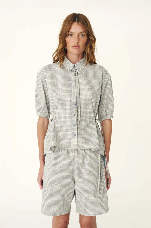 Frankie Tie Short Sleeve Shirt - Blue Check Rowie