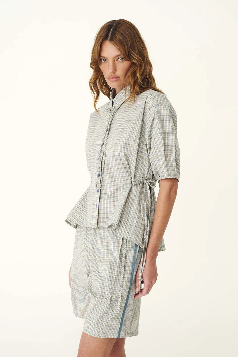 Frankie Tie Short Sleeve Shirt - Blue Check Rowie