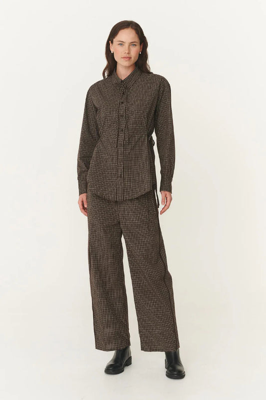 Frankie Tie Long Sleeve Shirt - Cacao Check Rowie