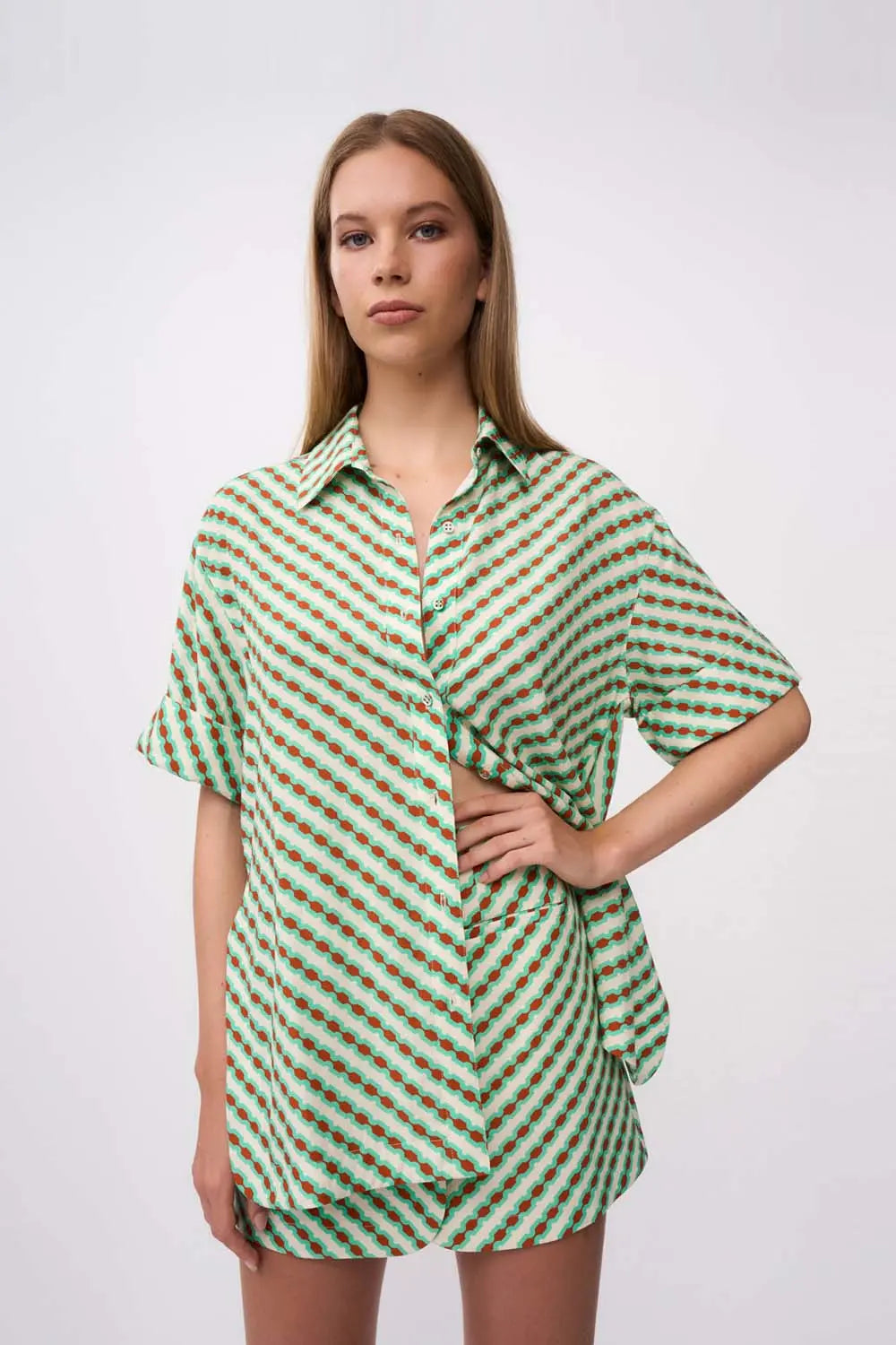 Geo Stripe Shirt - Green Brown By Johnny