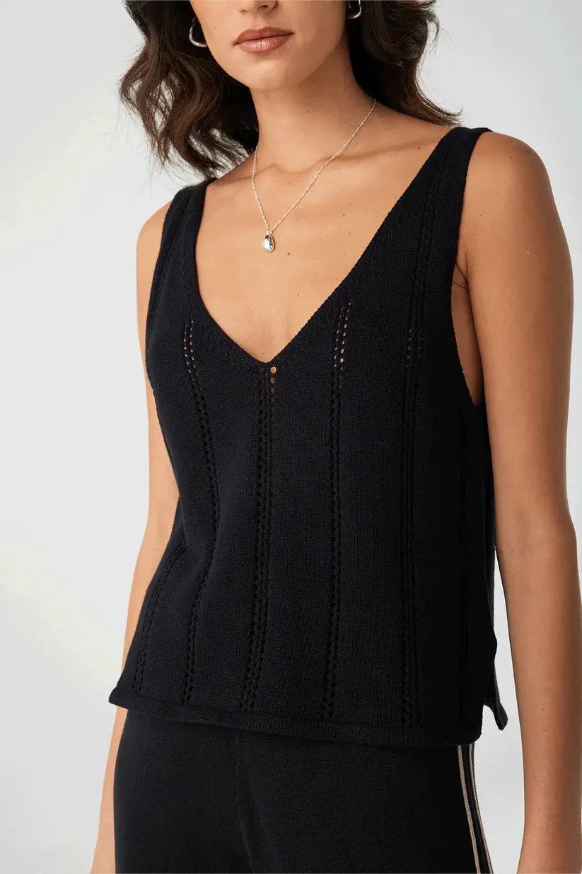 Gia Pointelle Knit Tank - Black Close up front