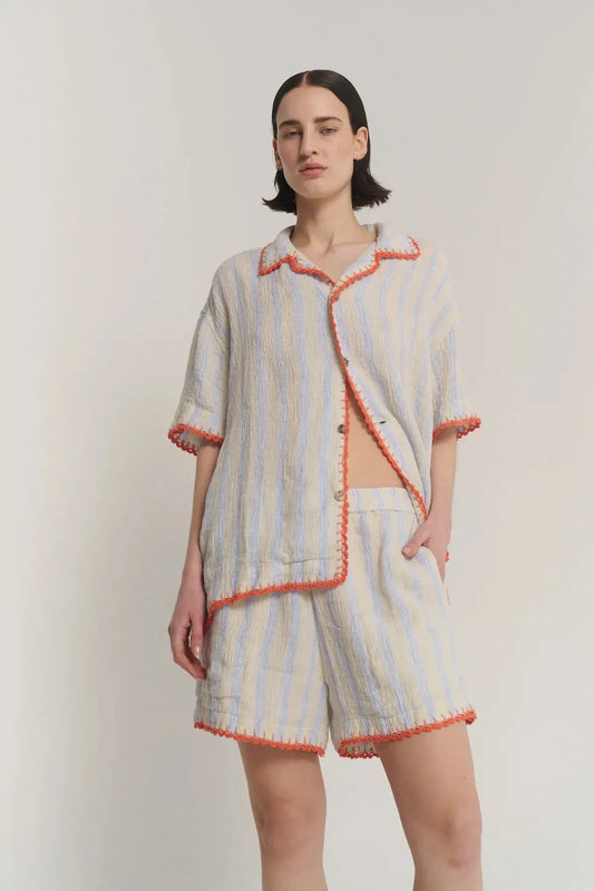 Hand Crochet Trimmed Stripe Linen Shorts The Tales