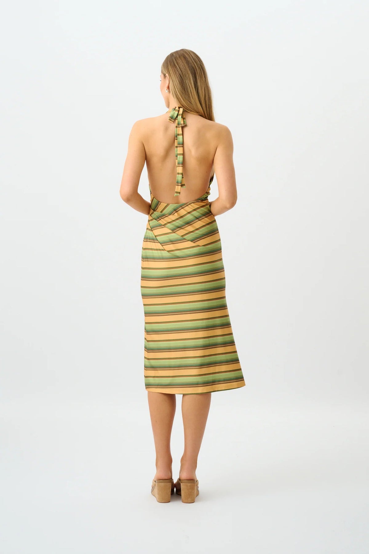 Pleated Backless Halter Dress - Gold Stripe With Harper Lu