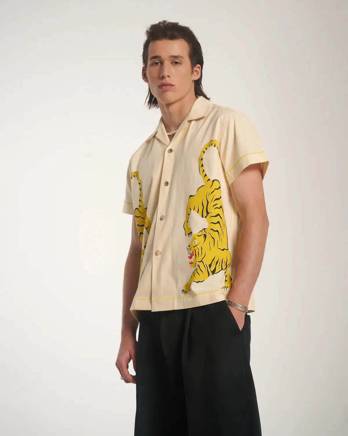 Luxe 100% Cotton Crouching Tiger Camp Shirt - Cream The Tales