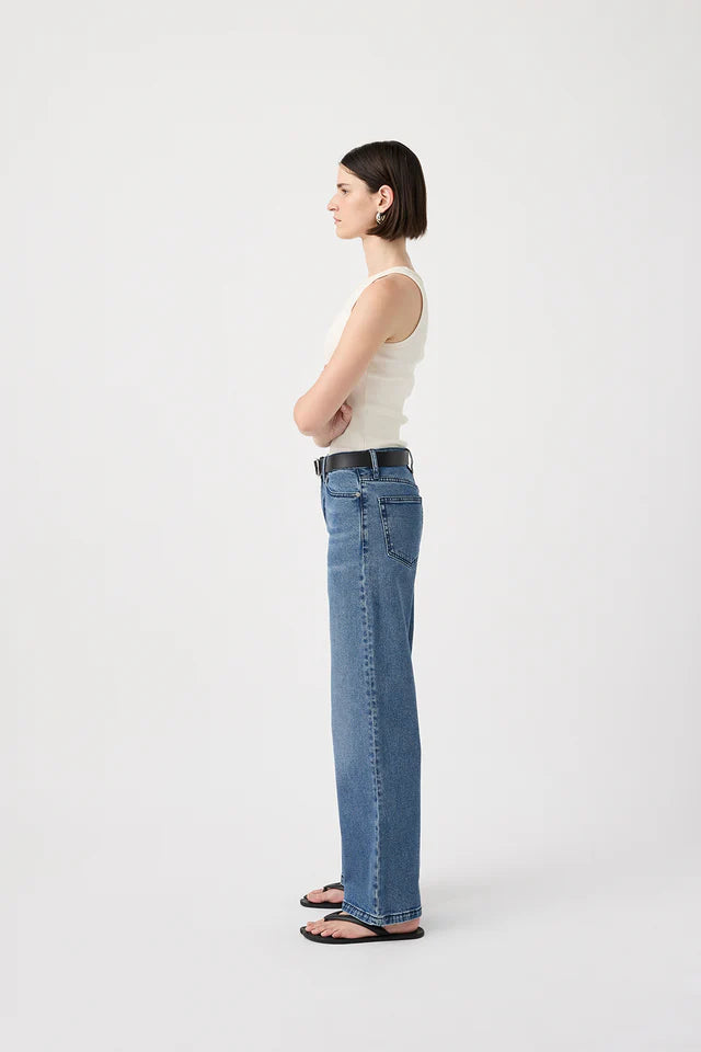 Outland Denim Mia Wide Leg Jean - Twilight at cloth in brick side view 