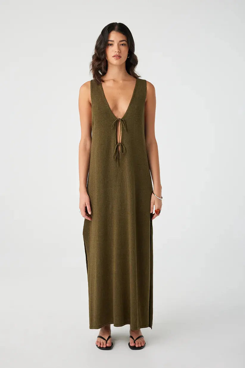 Poppy Reversible Maxi Dress - Olive Front View