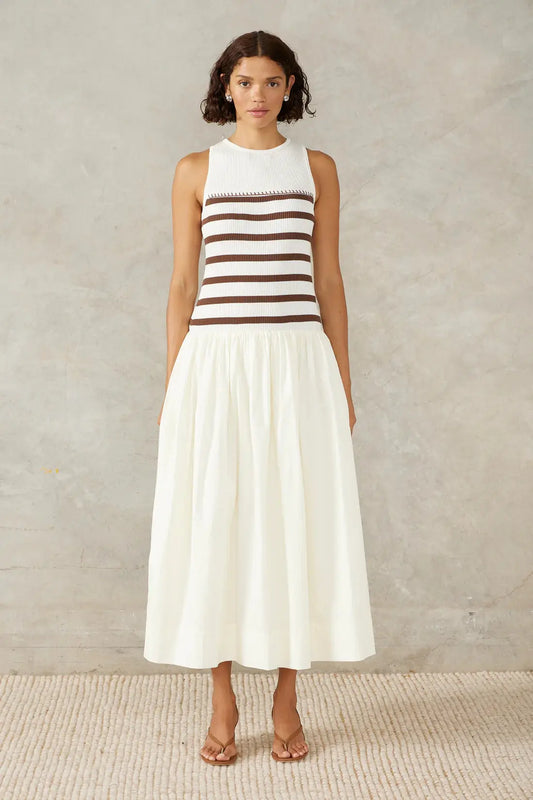 Rhythm Stripe Mix Dress - Ivory/Coffee Mon Renn