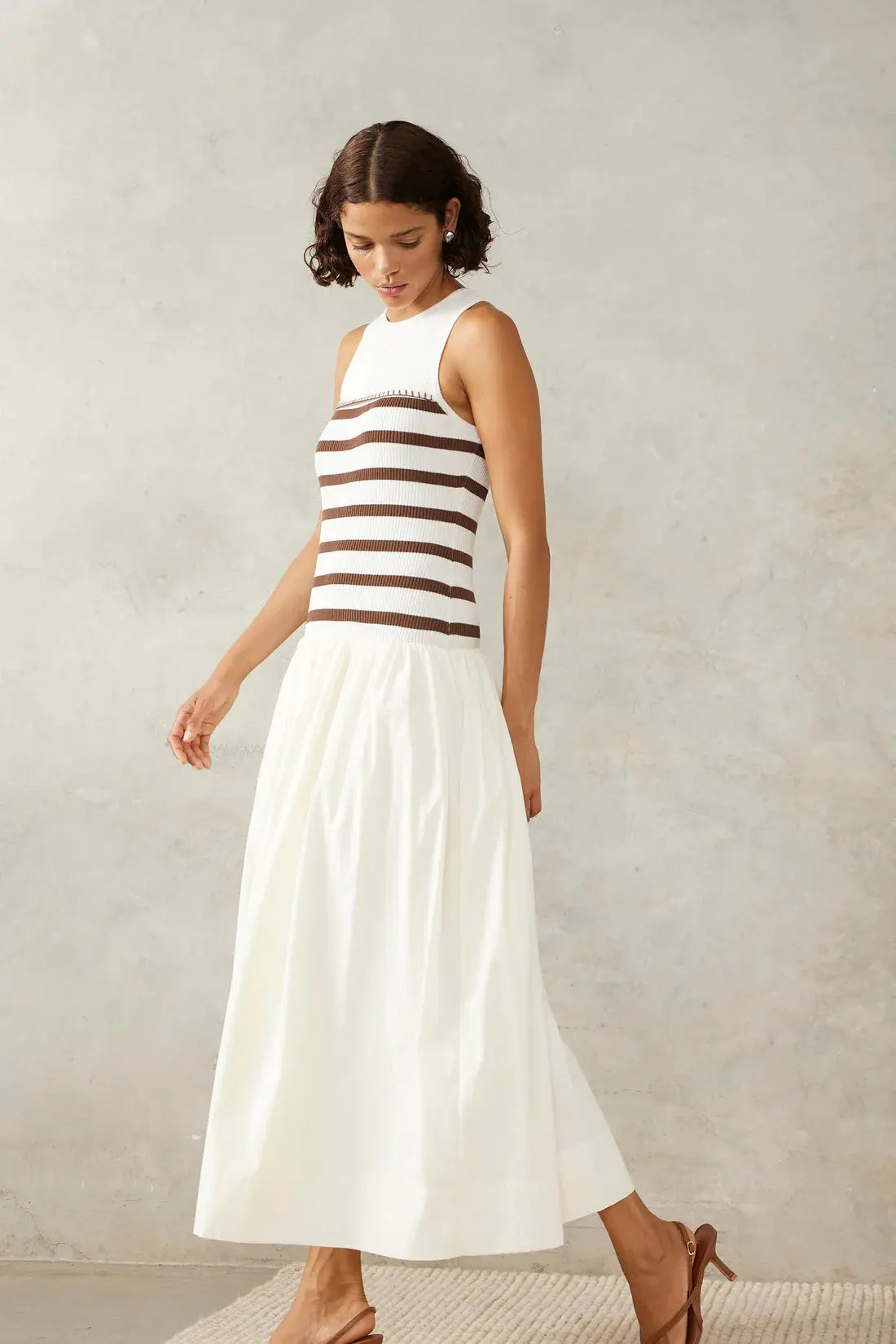 Rhythm Stripe Mix Dress - Ivory/Coffee Mon Renn