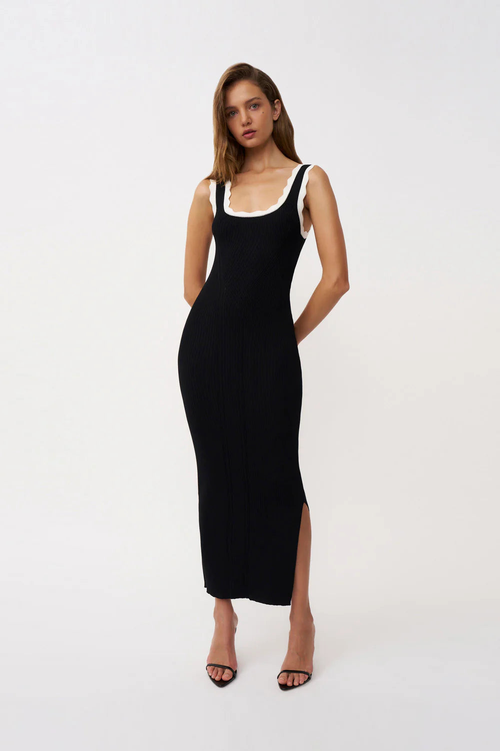 Scallop Trim Knit Dress - Black Ivory By Johnny at cloth in brick 